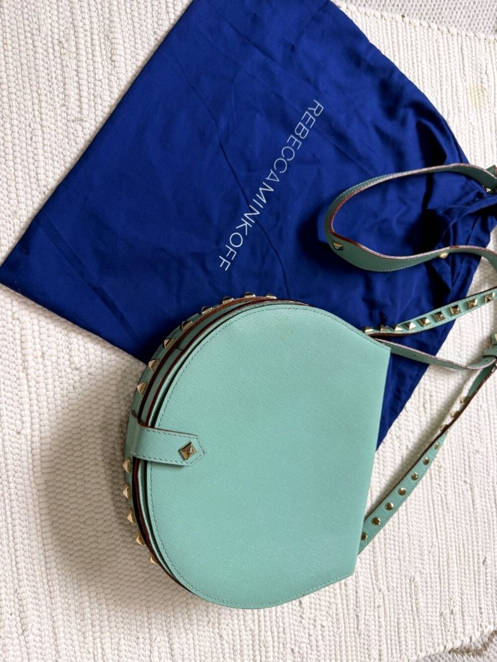 Rebecca Minkoff Half Moon Crossbody Bag Mint Green Studded Saffiano Leather